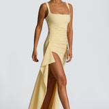 VESTIDO COMPRIDO ACETINADO COM DECOTE QUADRADO E ABERTURA