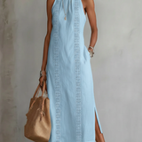 Jimena | Vestido Midi Relaxado com Gola Mandarim Bordada