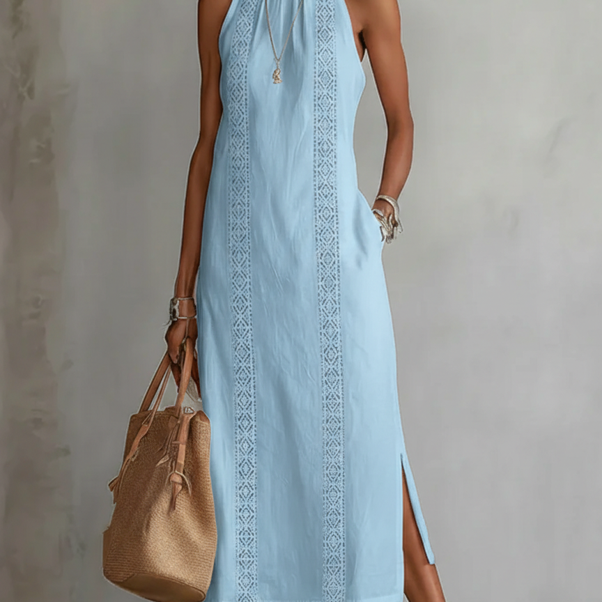 Jimena | Vestido Midi Relaxado com Gola Mandarim Bordada