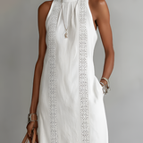 Jimena | Vestido Midi Relaxado com Gola Mandarim Bordada