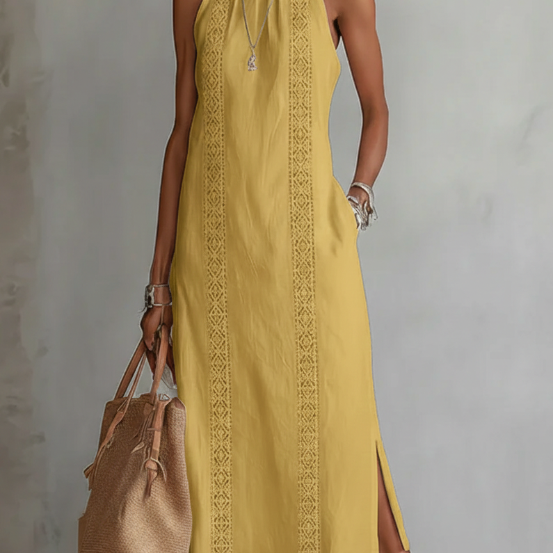 Jimena | Vestido Midi Relaxado com Gola Mandarim Bordada