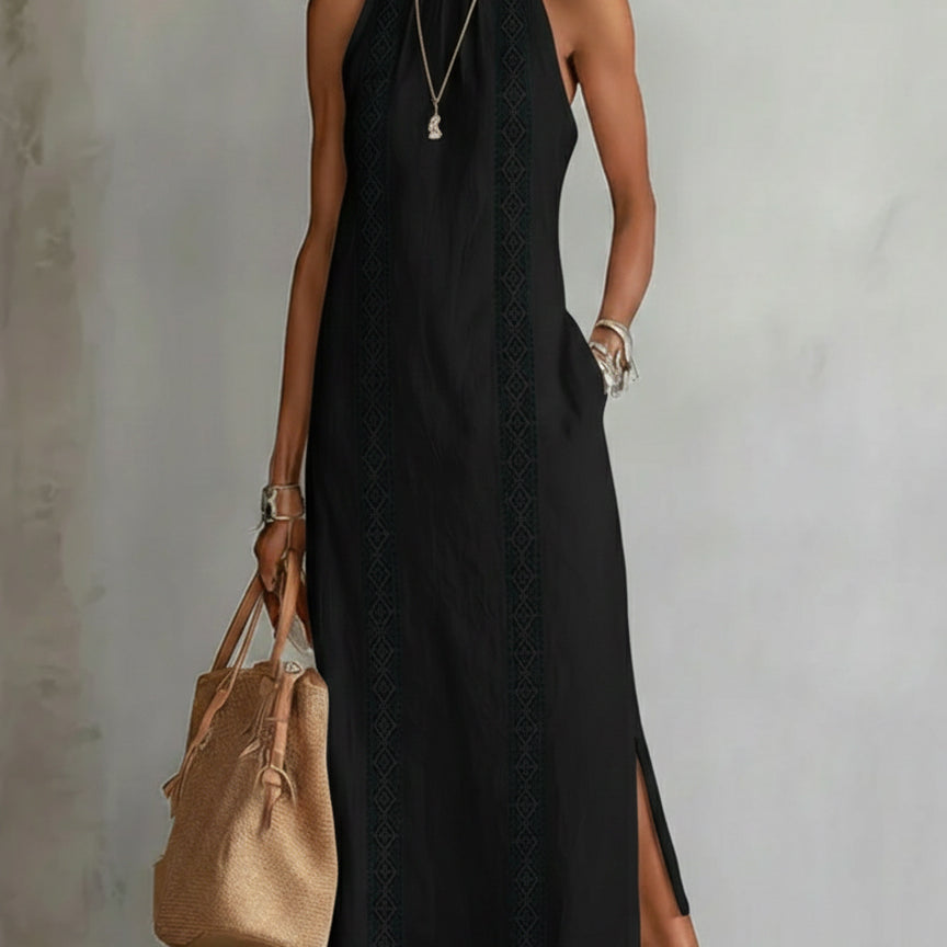 Jimena | Vestido Midi Relaxado com Gola Mandarim Bordada