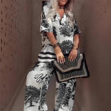 Linette™ Top Impressão com Decote em V & Calças Longas